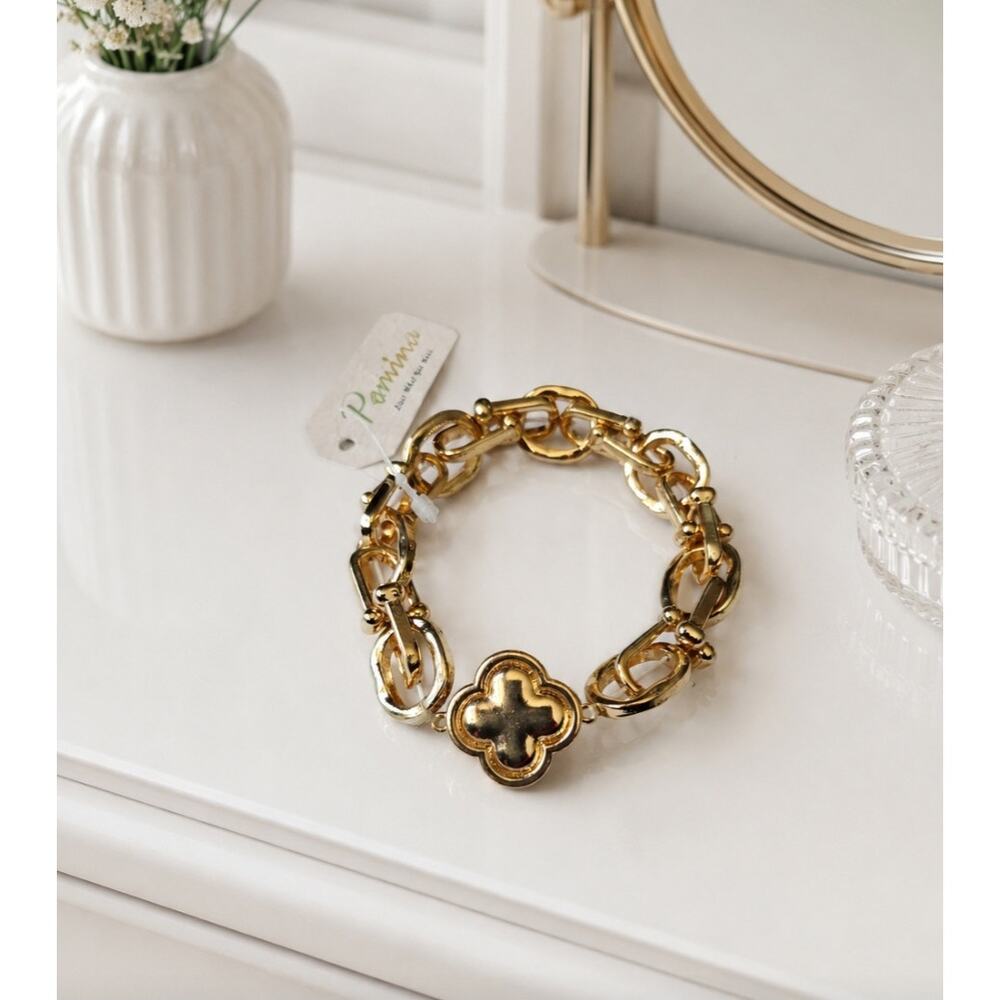 Pomina Gold Link Clover Stretch Bracelet New